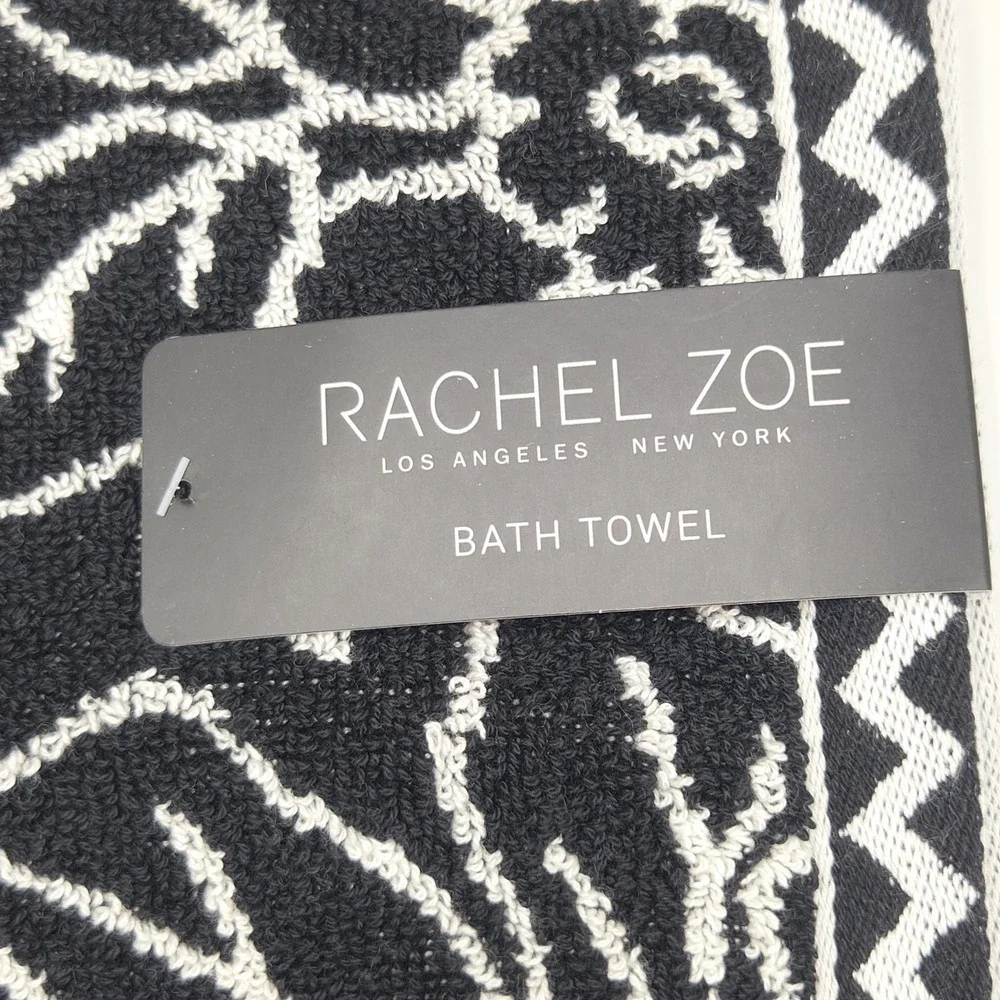 Rachel Zoe Black Ecru Floral Reversible Cotton Towel Set 4pc 2 Bath 2 Hand